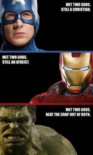 Avengers meme that confuses God and god.  There is a difference. 